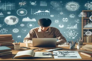 Dibujo de alumno universitario realizando una investigación y recopilación de datos