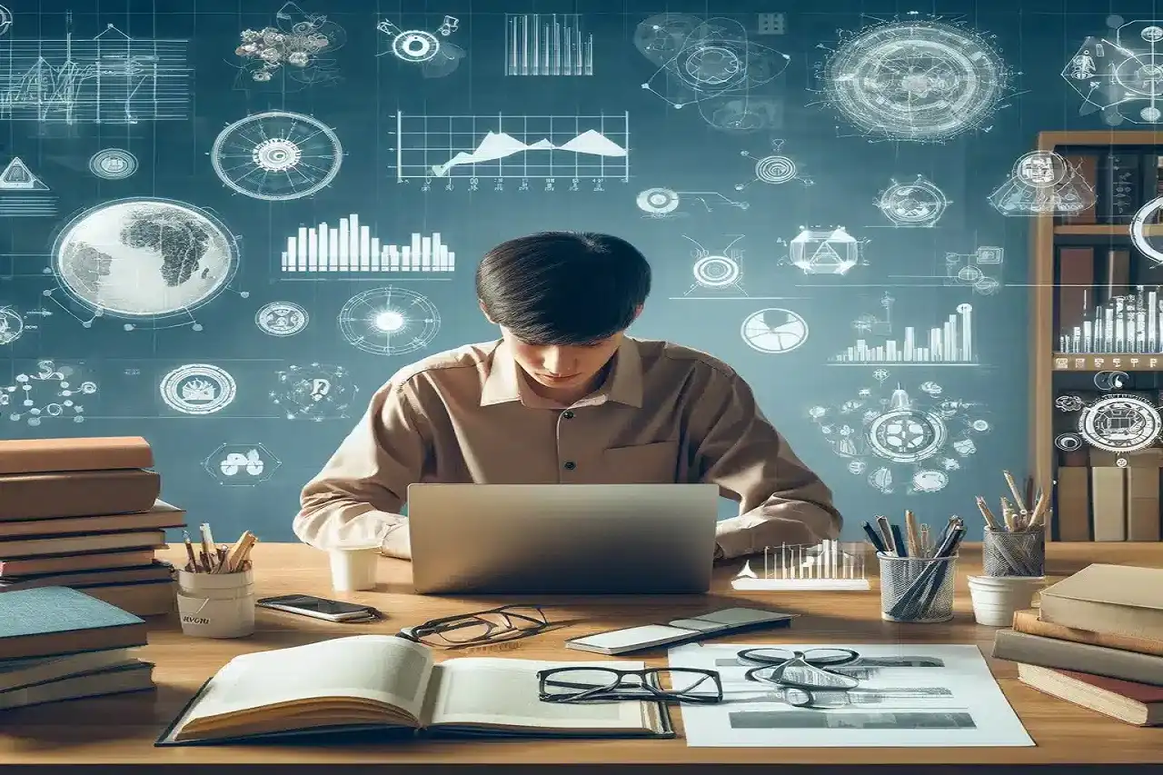 Dibujo de alumno universitario realizando una investigación y recopilación de datos