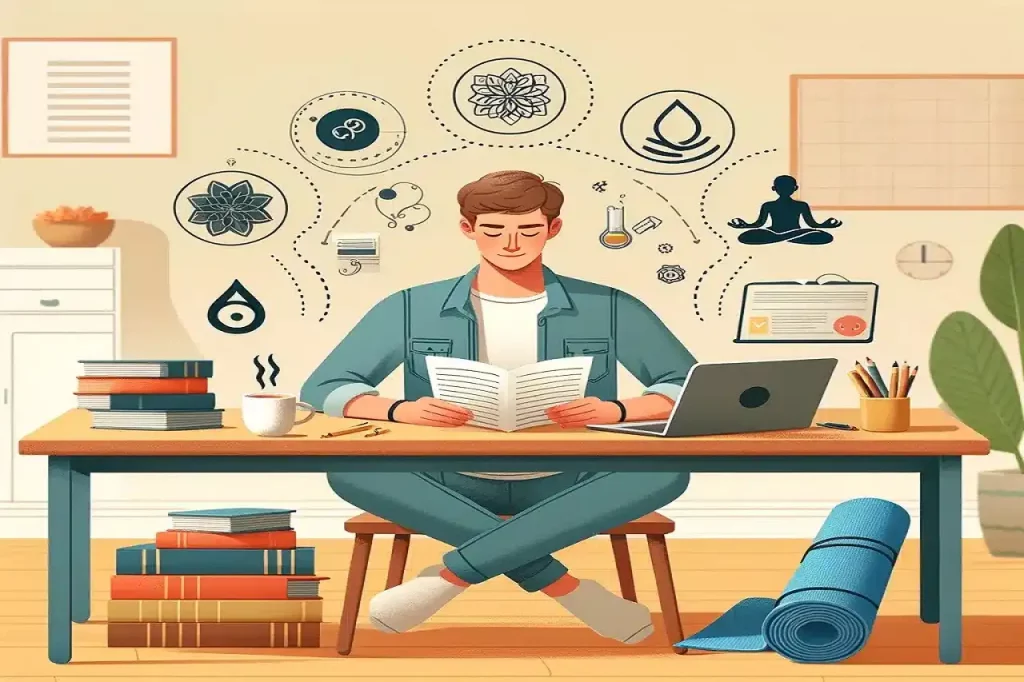 Dibujo de estudiante universitario repasando distintas técnicas para combatir el estrés