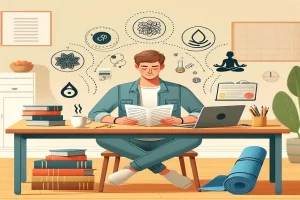 Dibujo de estudiante universitario repasando distintas técnicas para combatir el estrés